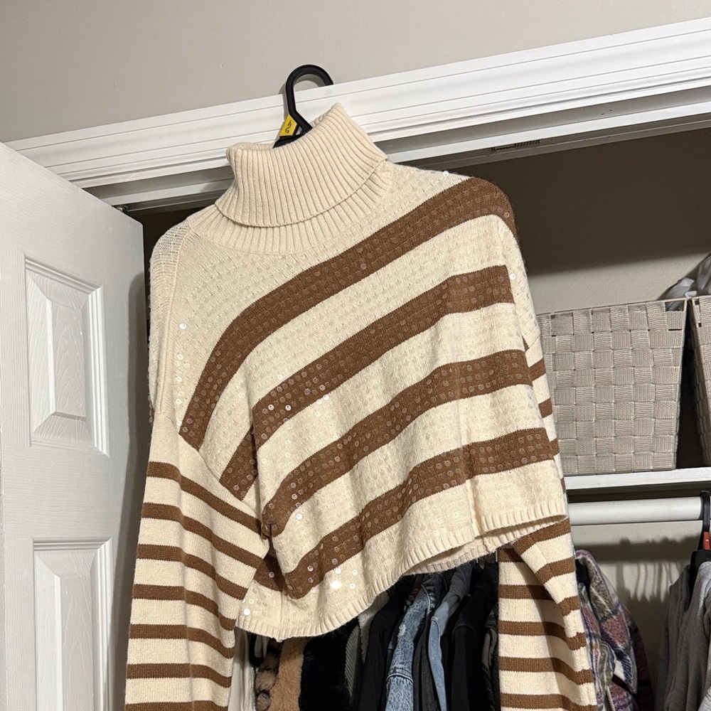 Elegant Striped Turtleneck Sweater - Cream and Brown